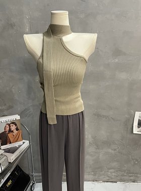 露肩飘带上衣女背心针织衫修身
