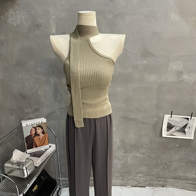 露肩飘带上衣女背心针织衫修身