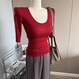 女紧身五分袖 简约百搭 打底衫 T恤薄款 内搭上衣早秋 显身材性感中袖