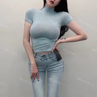 chao柔薄透性感半高领短袖T恤打底衫女紧身纯色上衣黑色内搭新款