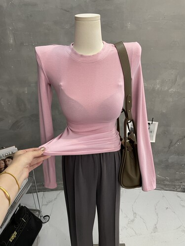 长袖女垫肩紧身T恤打底衫上衣春