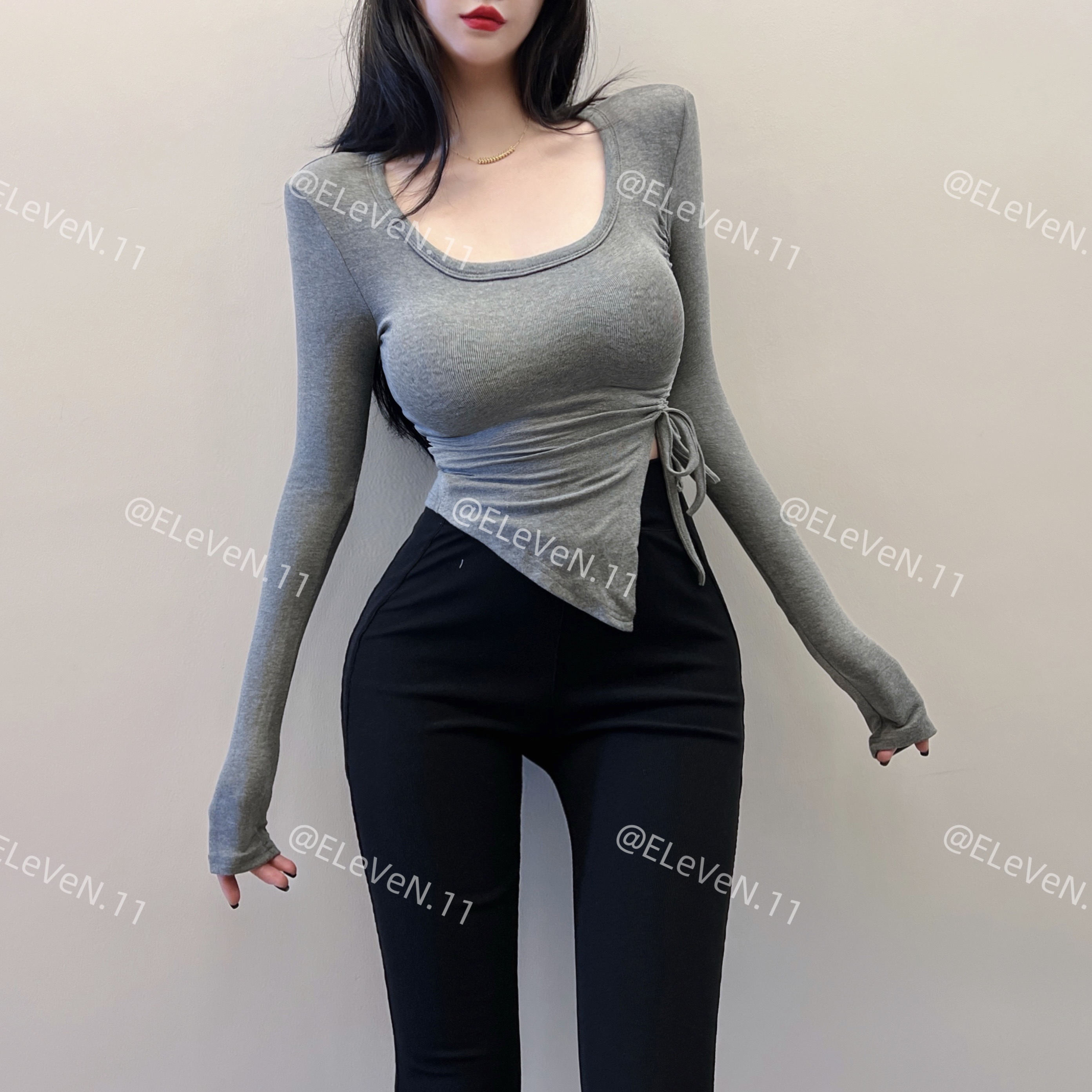 长袖辣妹风垫肩上衣抽绳T恤修身