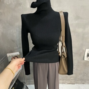 加密质感~露手指高领针织打底衫女修身百搭长袖毛衣套指内搭秋冬