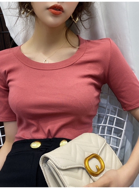 复古砖红色圆领短袖T恤基础修身纯色内搭打底衫2020春夏新款上衣