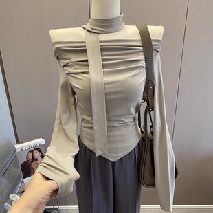 新款 纯欲风 T恤女春季 长袖 高级感辣妹内搭上衣围巾 一字肩显瘦短款