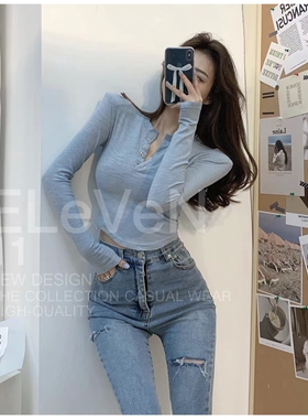 春装新款～螺纹垫肩上衣女修身长袖T恤显瘦黑色短款打底衫内搭秋