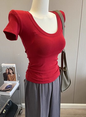敲好搭！韩版性感大圆领短袖T恤女弹力修身垫肩上衣打底衫内搭夏
