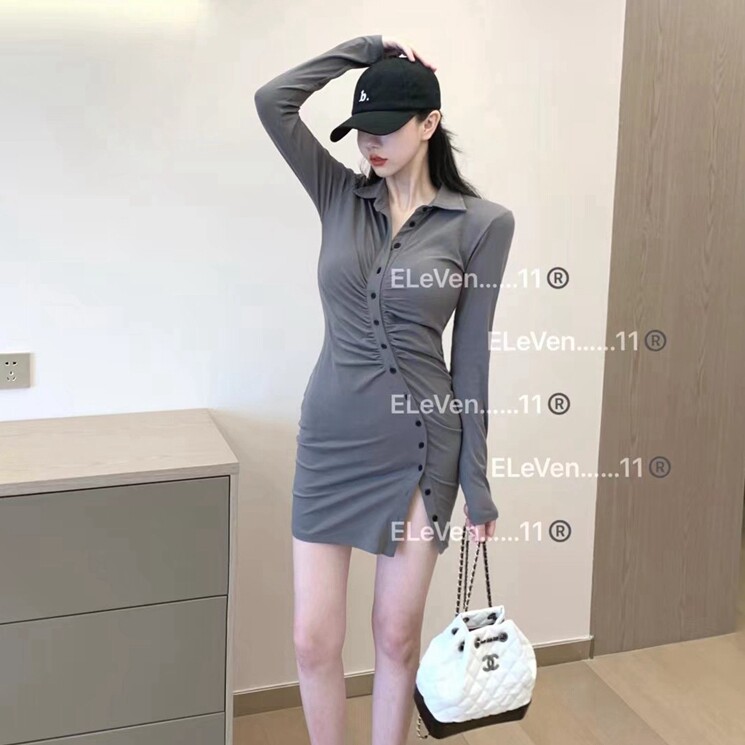 ins超火翻领长袖连衣裙新款单排扣气质纯色紧身性感包臀短裙图片