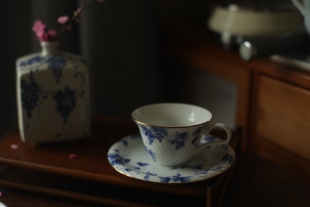 日本产vintageAdam Eve釉下彩青花手绘染付葡萄藤24k描金咖啡杯碟