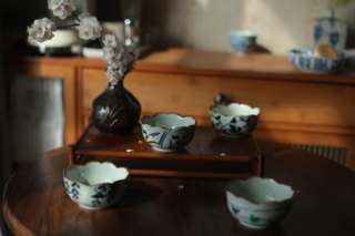 日本产vintage中古耐高温香窑釉下彩手绘青花赤绘葵口主人杯 茶杯