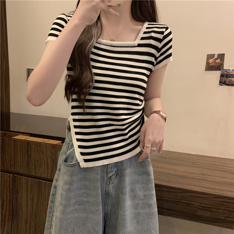 夏季条纹方领短袖显瘦遮肚针织衫