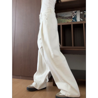 复古辣妹风白色直筒工装裤