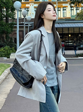 zzzdays雅痞腔调 灰色条纹西装外套女薄款宽松休闲高级感长款西服