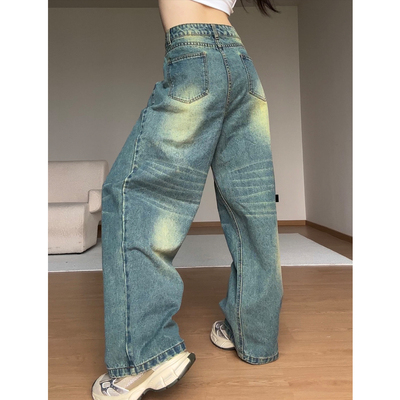 zzzdays高街率性 弯刀裤型牛仔裤水洗做旧百搭宽松显瘦休闲阔腿裤