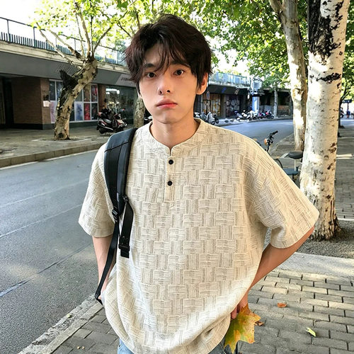 领杏色格纹美式宽松短袖T恤男