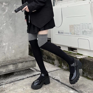 日系学院风美腿微压显瘦长筒袜搭配小皮鞋 黑灰拼接小腿袜女四季 款