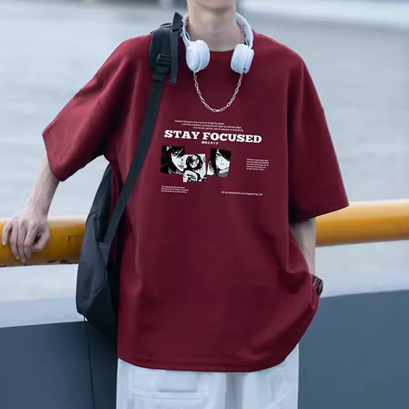 酒红色潮牌t恤男短袖2025新款美式高街动漫夏季宽松男生半袖体恤
