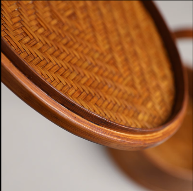 品厂销大漆双层圆形食盒复古中式传统竹制竹编手工收纳藤编麻绳促