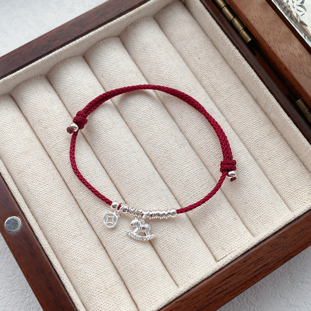 S925纯银马上有钱盘缠红绳手链女