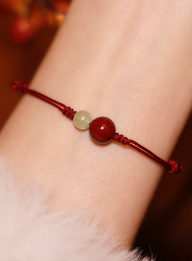 朱砂天然和田玉手绳编织红绳女
