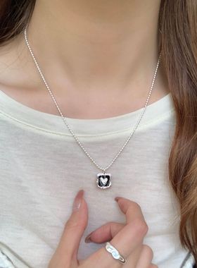 复古S925纯银滴胶方牌爱心项链女