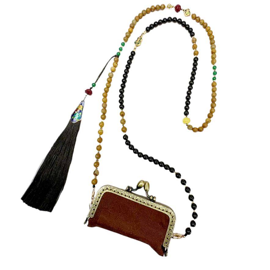 【香云纱珠链流苏口红包】新中式国风桑蚕丝民族风口金包迷你小包