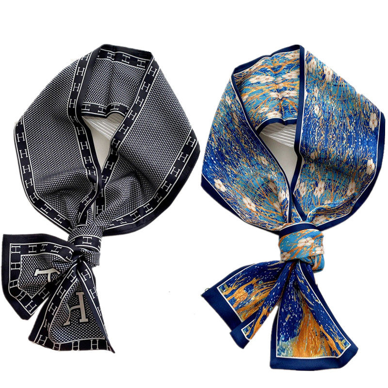 레트로 홍콩 스타일 남성 실크 스카프 영국 올 매치 셔츠 칼라 양면 스카프 프린트 소형 롱 스카프 심플하고 트렌디함