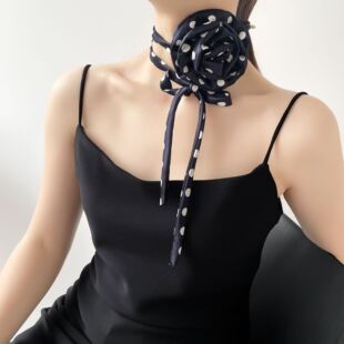 装饰领花波点玫瑰花丝巾女长条丝带夹子花朵发带腰带豹纹细长飘带