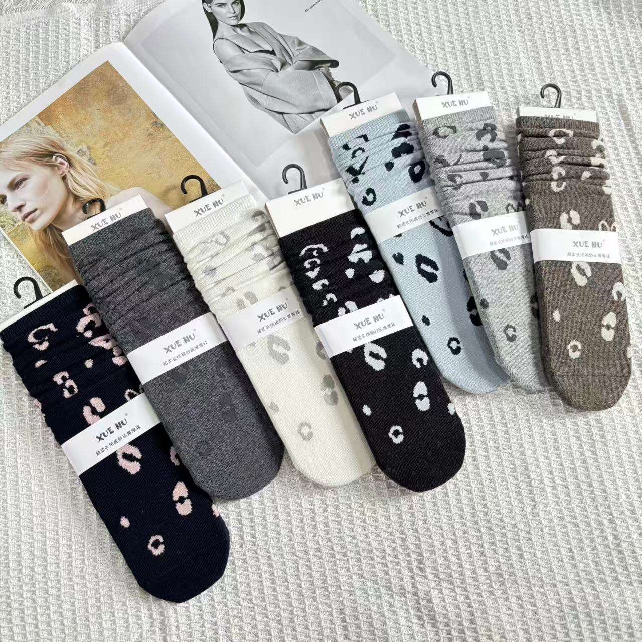 复古豹纹百搭堆堆袜学院风棉袜