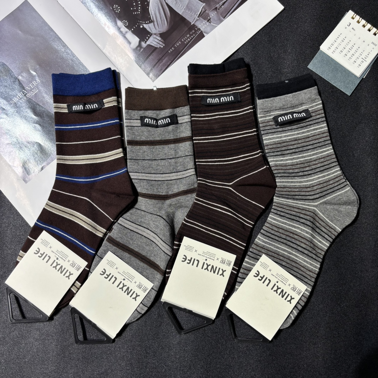 新熙咖色条纹中筒袜ins潮