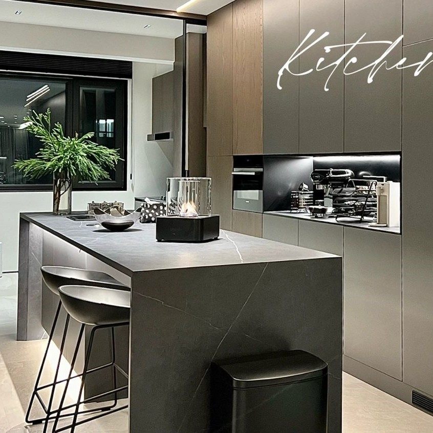 开放式厨房岩板中岛台家用简约风格储物餐桌斜边设计现代餐厅定制