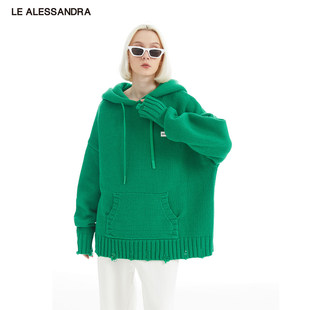 【包上恩同款】LE ALESSANDRA 绿色羊毛长版/短款针织破洞大毛衣