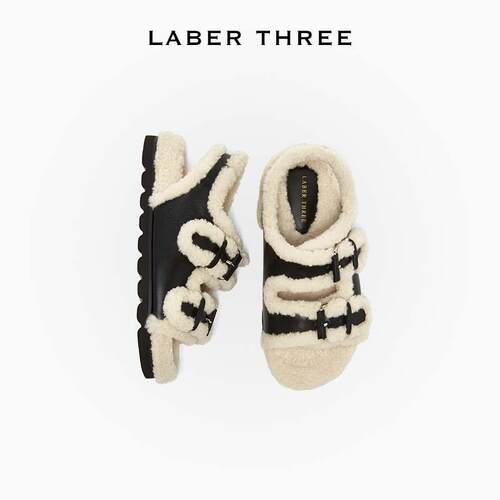 LABER THREE 秋冬B入爆款复古牛反绒撞色露趾毛毛鞋毛毛凉鞋拖鞋