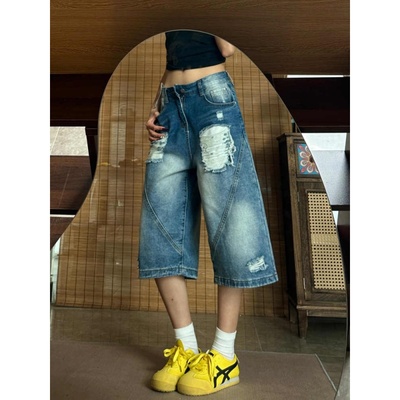 设计感破洞阔腿牛仔七分裤女夏季韩版ins高腰显瘦小个子直筒中裤