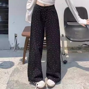 波点印花黑色阔腿牛仔裤女夏季韩版ins高腰显瘦学生宽松直筒长裤
