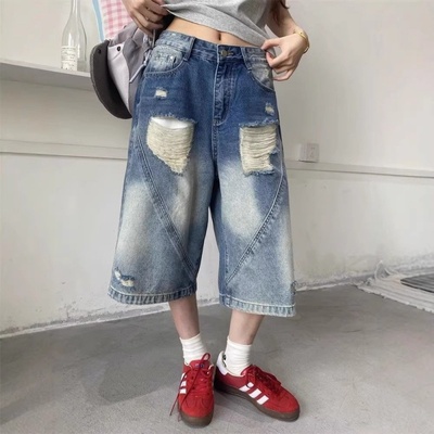 设计感破洞阔腿牛仔七分裤女夏季韩版ins高腰显瘦小个子直筒中裤