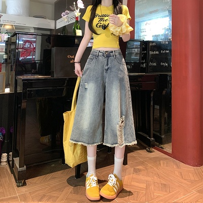 设计感破洞阔腿牛仔中裤女夏季韩版ins高腰显瘦学生宽松直筒七分