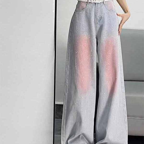 设计感烫钻腮红直筒牛仔裤女夏季2025新款高腰显瘦宽松垂感阔腿裤