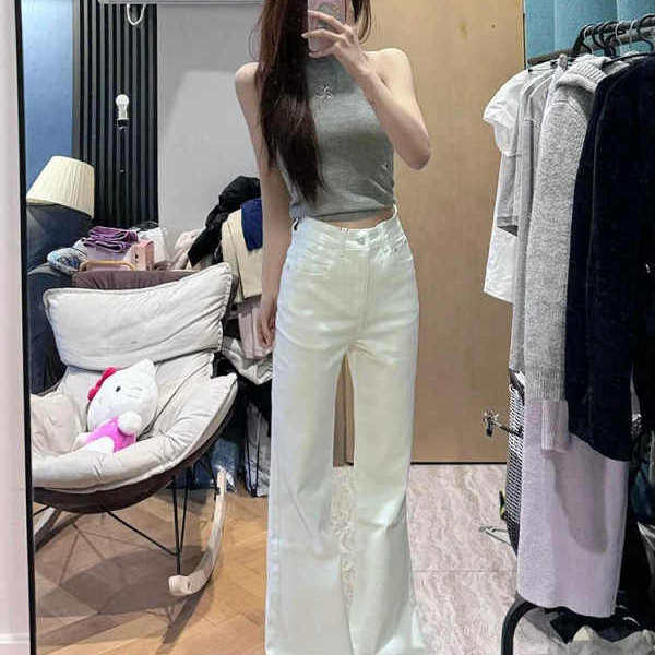 低腰白色微喇牛仔裤女夏季韩版ins修身显瘦弹力休闲直筒阔腿长裤