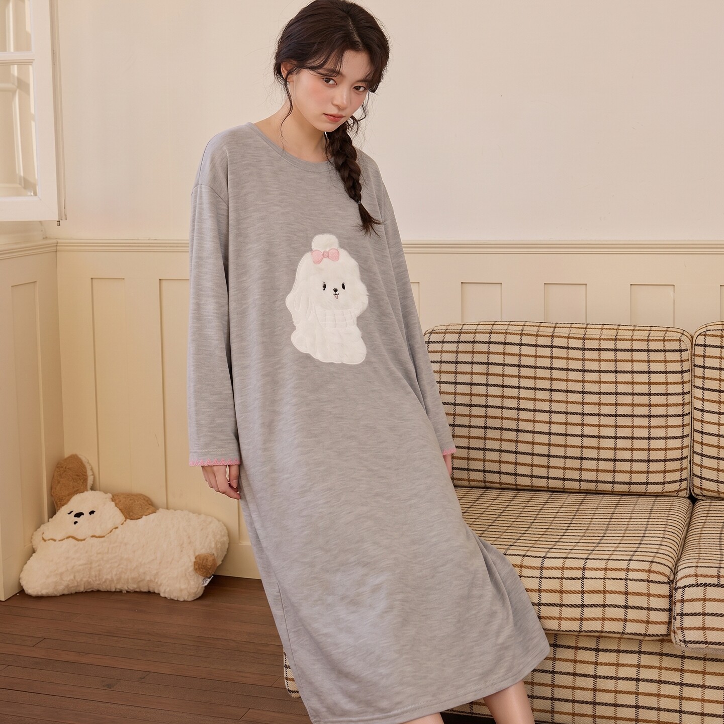 睡衣女春秋冬季纯棉长袖带胸垫中年妈妈大码可外穿睡裙家居服套装