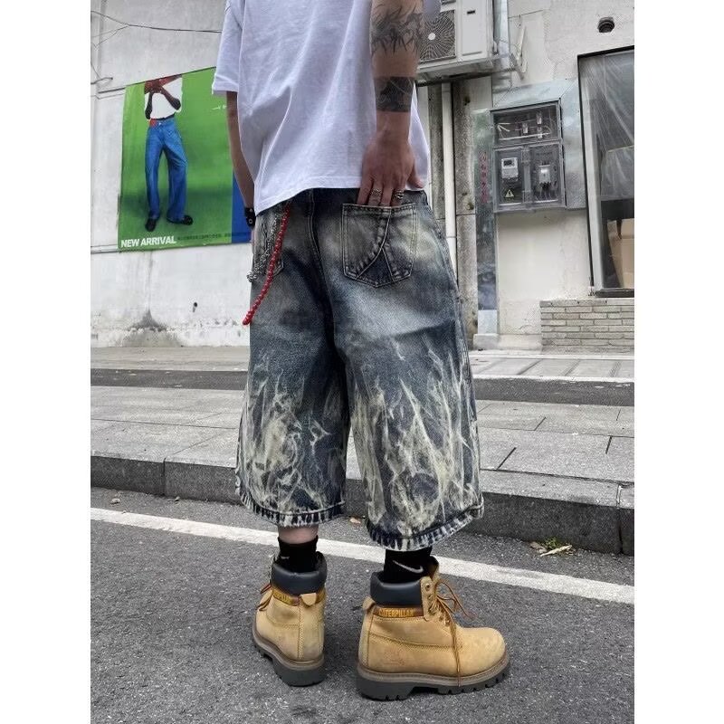 美式街头闪电纹扎花七分牛仔裤男女过膝直筒短裤513DKJ241P39,男装牛仔裤,星座513