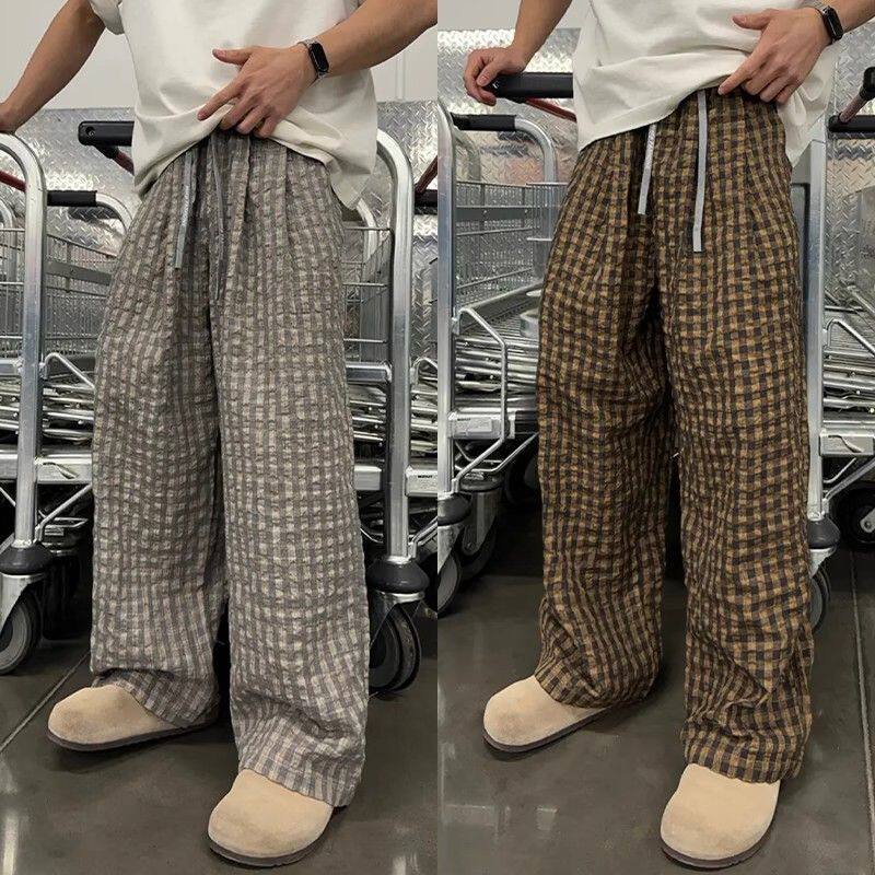 夏季男潮牌泡泡格阔腿时尚百搭情侣同款宽松直筒裤513CK285P47,男装休闲裤,星座513