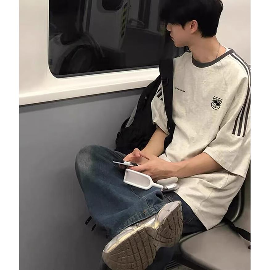 美式插肩短袖t恤男夏季三条杠薄款潮牌青少年半袖体恤衫上衣P29图片