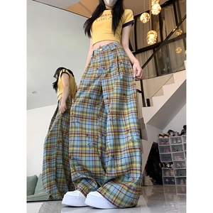 美式复古黄色格纹星星涂鸦休闲裤男女夏宽松百搭长裤513CK1389P39,女装休闲裤,星座513