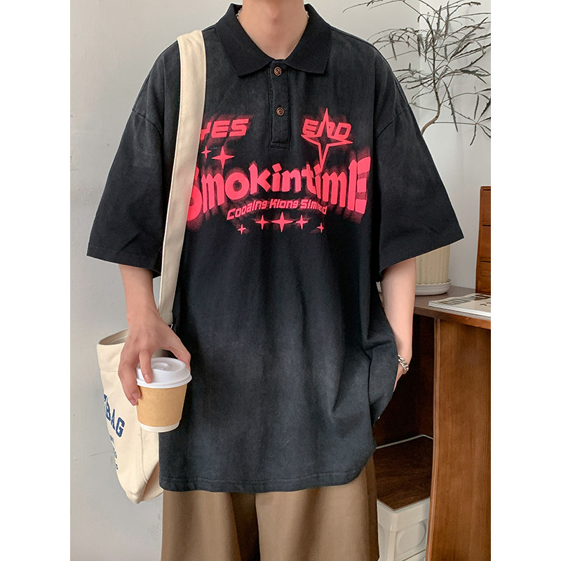 夏季新款水洗做旧PL衫男女短t袖印花宽松美潮男2309P50514-7,男装Polo衫,星座513