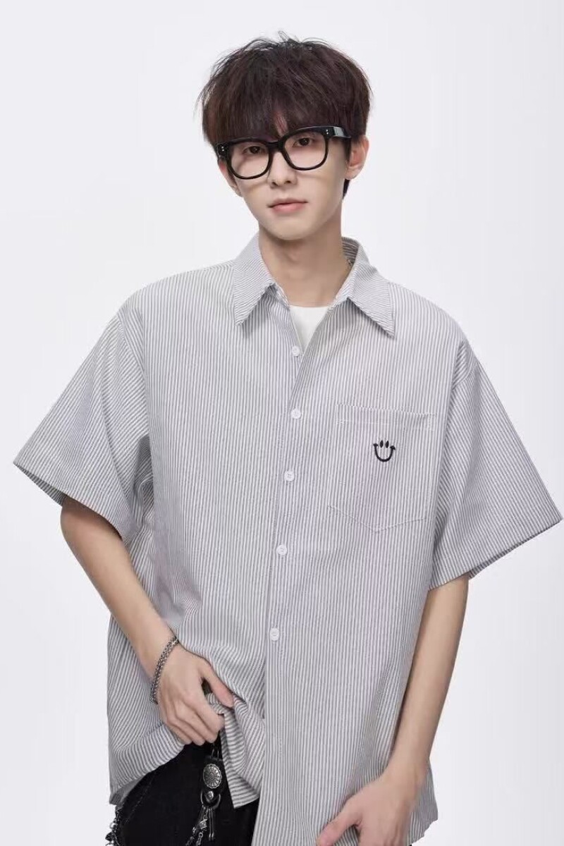 wassuphappy条纹短袖衬衫男夏季2025新款青少年宽松复古休闲外套,男装T恤,星座513