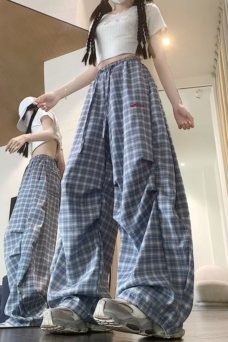美式垂感褶皱格子裤女夏季日系宽松长裤美式街头513CK441P47,男装休闲裤,星座513