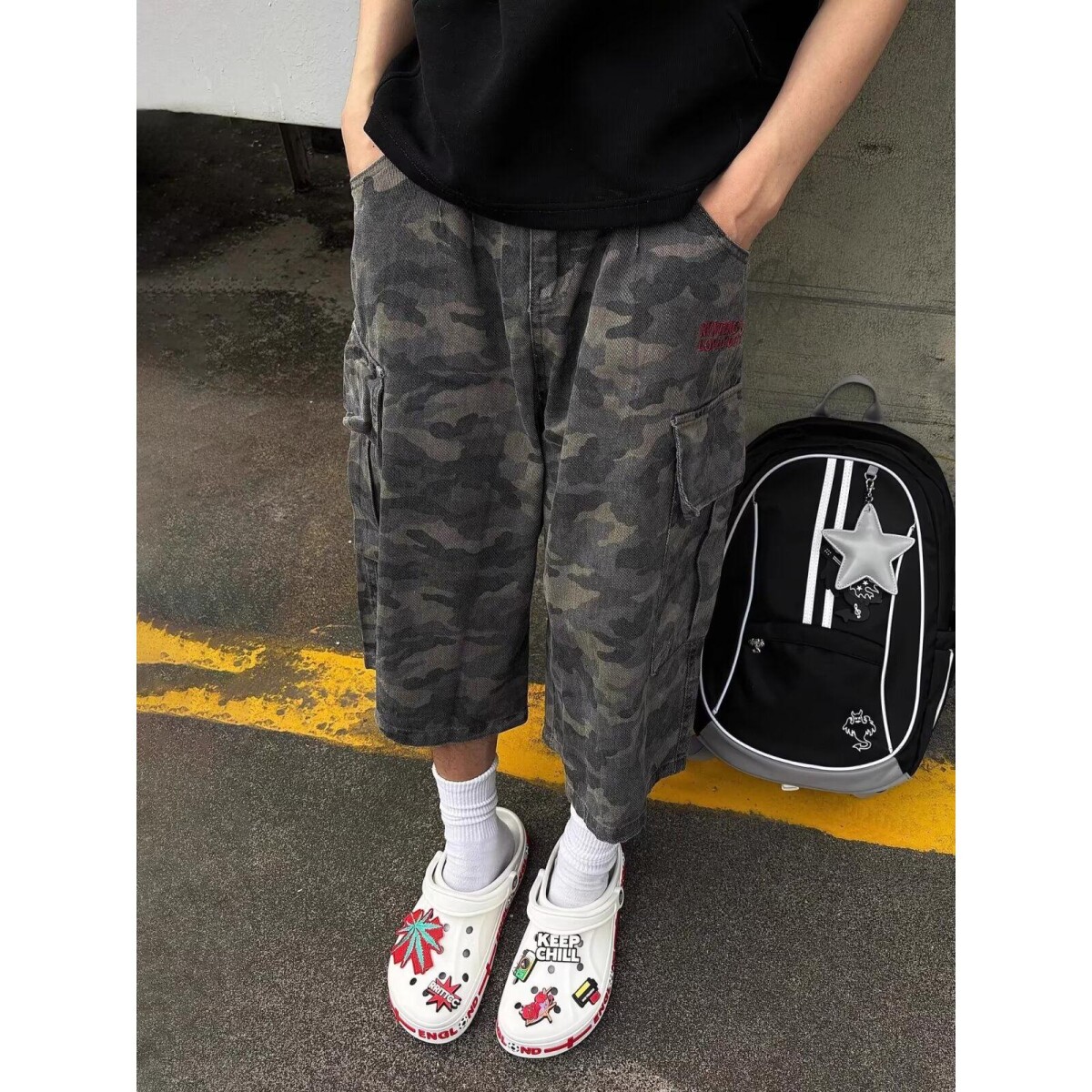 美式高街迷彩休闲短裤男宽松直筒工装七分裤513DK273P45图片