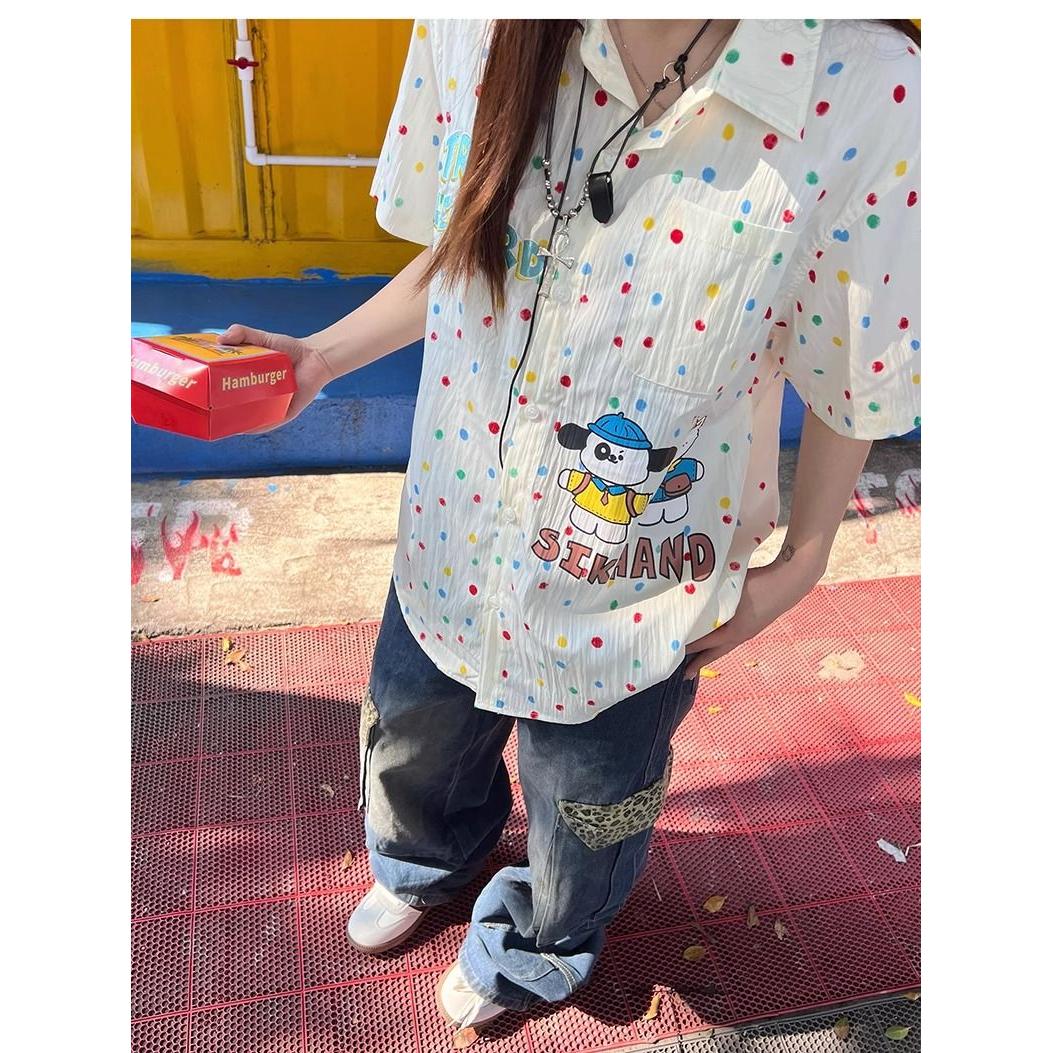 彩色波点刺绣短袖衬衫男女学院风百搭学生夏季减龄513DX168P38,男装T恤,星座513