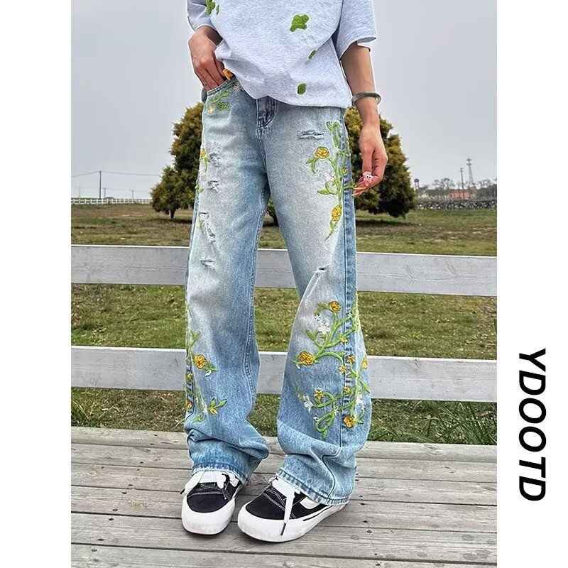 明星同款花卉刺绣牛仔裤男潮牌宽松直筒休闲百搭长裤513CK1761P56图片